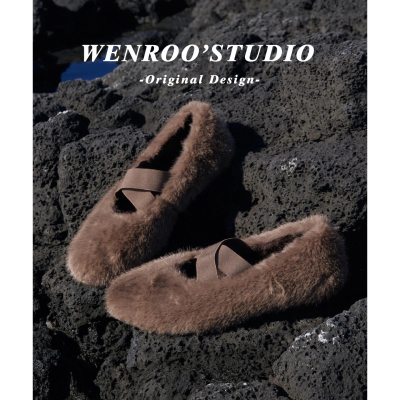 复古咖啡色浅口玛丽珍毛毛鞋秋冬