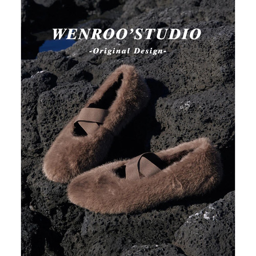 复古咖啡色浅口玛丽珍毛毛鞋秋冬