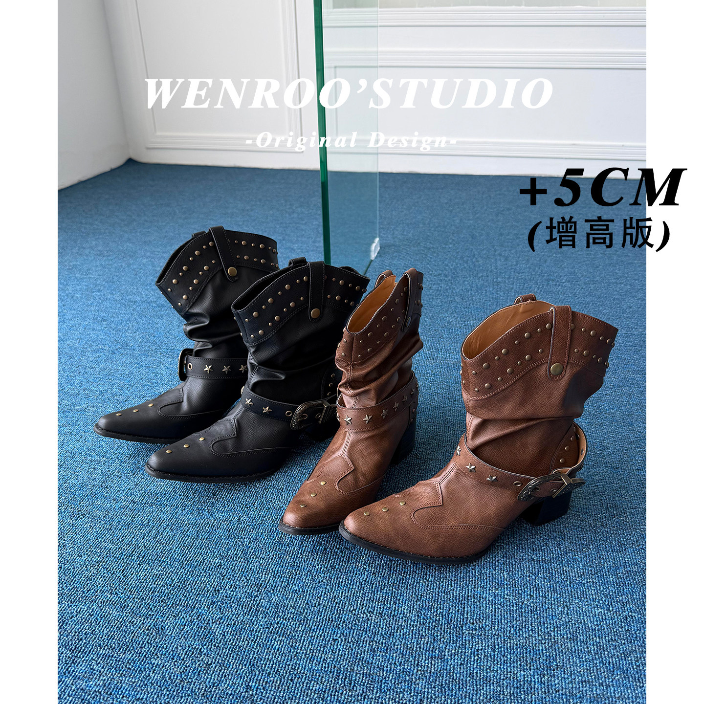 小众复古尖头皮带扣骑士靴女新款