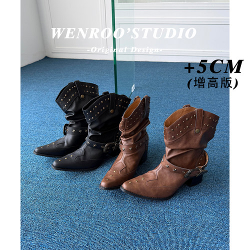 小众复古尖头皮带扣骑士靴女新款
