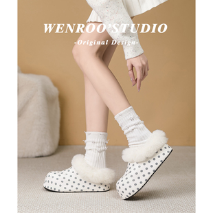 波点刺绣笑脸内增高包头毛毛拖鞋女外穿2025新款白色加绒勃肯棉鞋