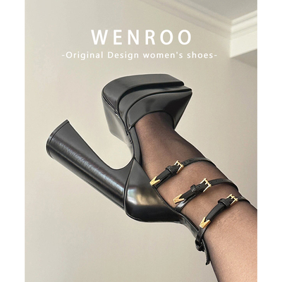 方圆走秀同款黑色尖头高跟鞋粗跟