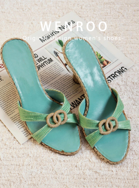 法式气质交叉带坡跟凉鞋女夏外穿2026新款绿色复古露趾高跟凉拖鞋