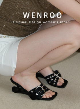 黑色铆钉扣带异型跟一字凉拖鞋女外穿2025夏季新款法式绝美高跟鞋