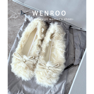 一脚蹬羊羔毛毛单鞋 女2025秋冬新款 巴黎白色蝴蝶结加绒平底鞋 法式