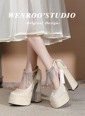 法式米白色增高15cm礼服高跟鞋女粗跟2025绝美水钻蝴蝶结厚底单鞋