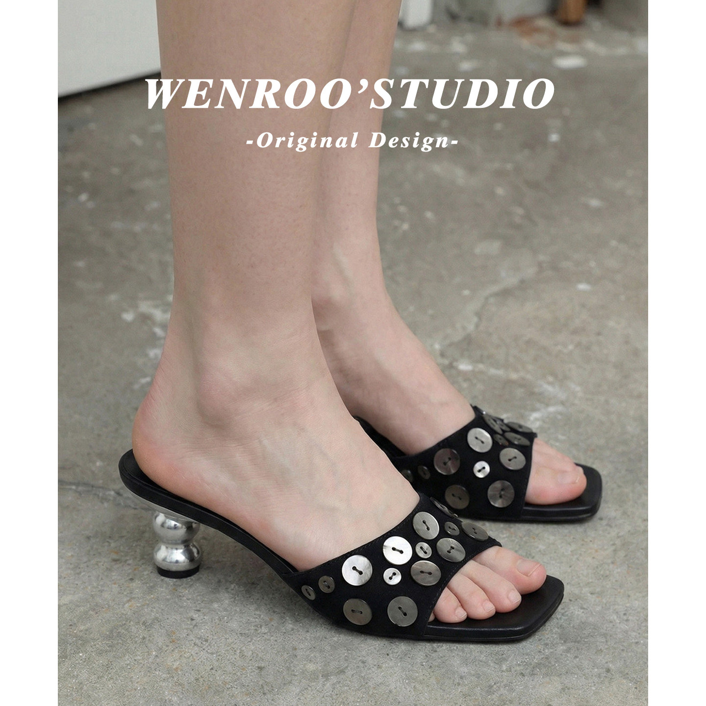 性感黑色贝壳纽扣高跟拖鞋女夏外穿2026新款法式绝美露趾方头凉鞋