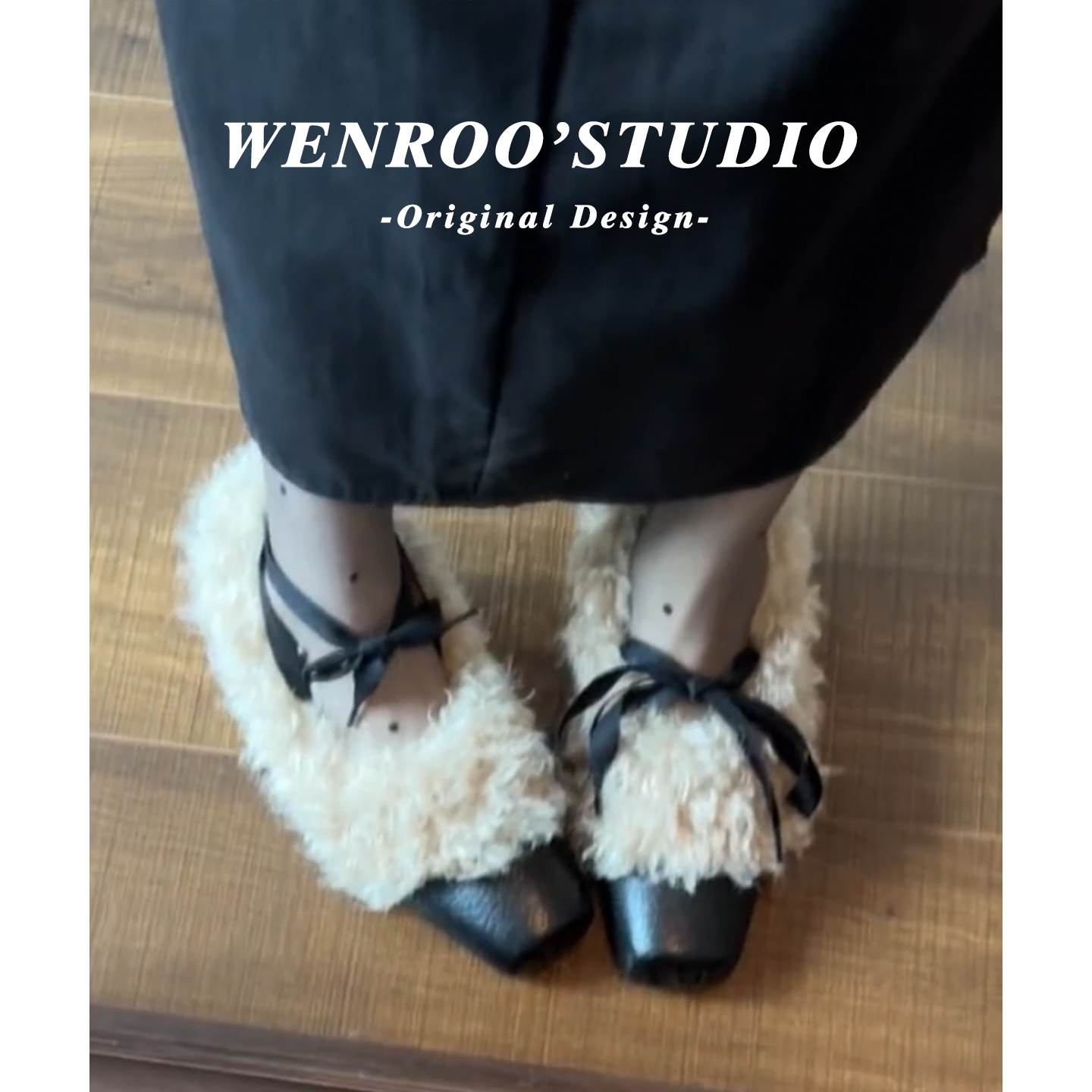 复古绑带粗跟方头玛丽珍毛毛鞋女