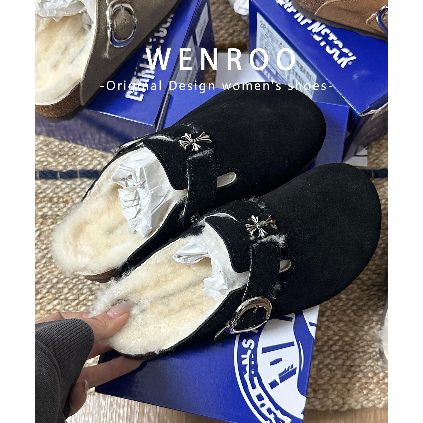 真皮黑色十字花加绒勃肯鞋女外穿