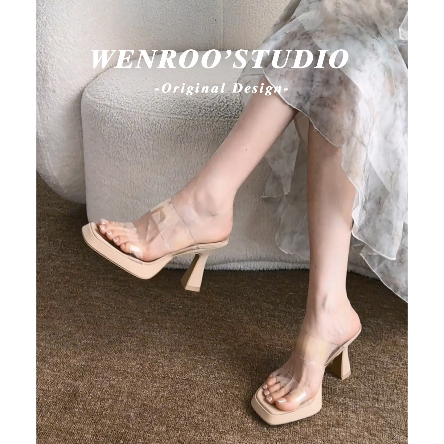 法式透明PVC防水台一字拖鞋女外穿2026夏季新款法式露趾高跟凉鞋