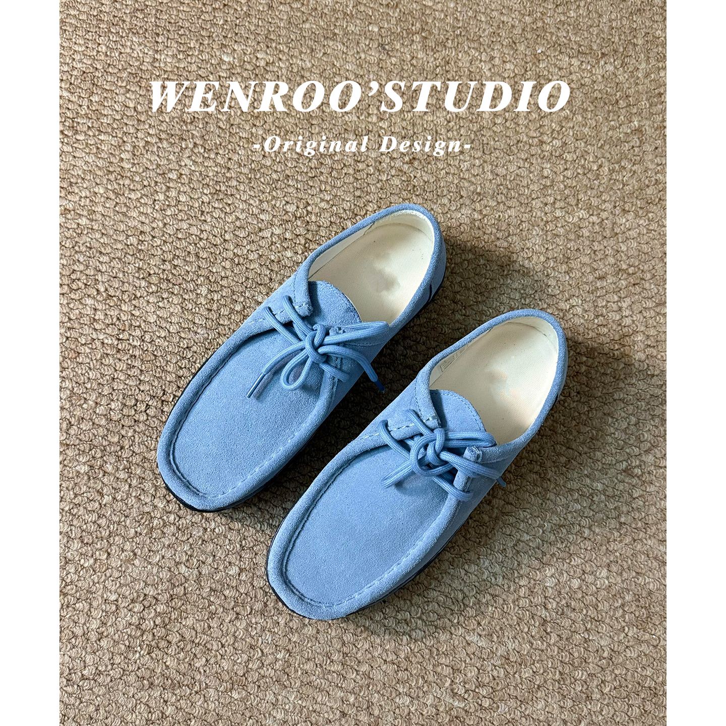 蓝色复古真皮系带全包袋鼠勃肯鞋