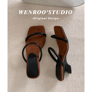 法式复古异型粗跟一字带凉鞋女外穿2026夏季新款黑色沙滩高跟拖鞋