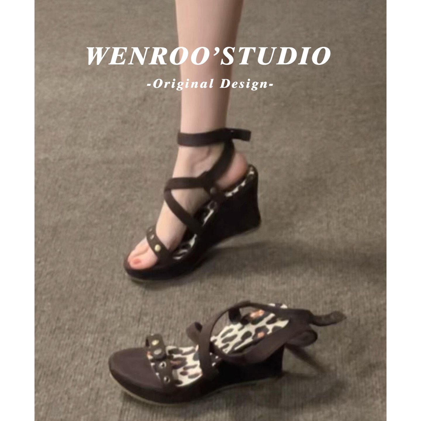 复古咖色交叉扣带坡跟罗马凉鞋女2026夏季新款中古增高厚底高跟鞋