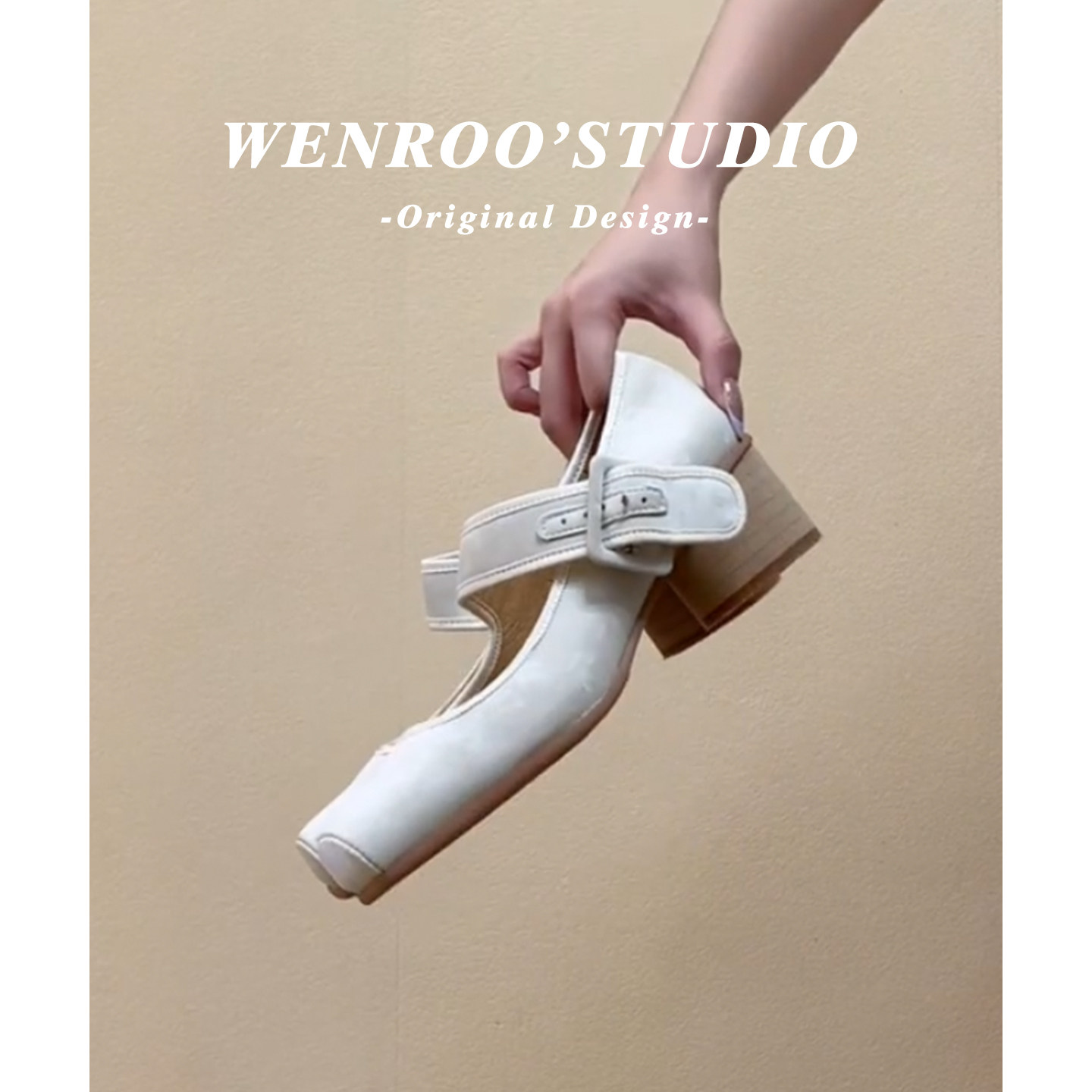 法式方头扣带粗跟玛丽珍鞋2026春季新款白色气质仙女浅口高跟单鞋