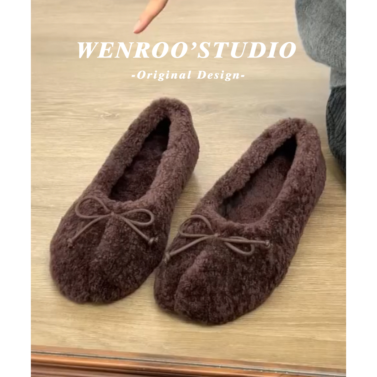 复古咖色蝴蝶结分趾羊羔毛毛鞋女