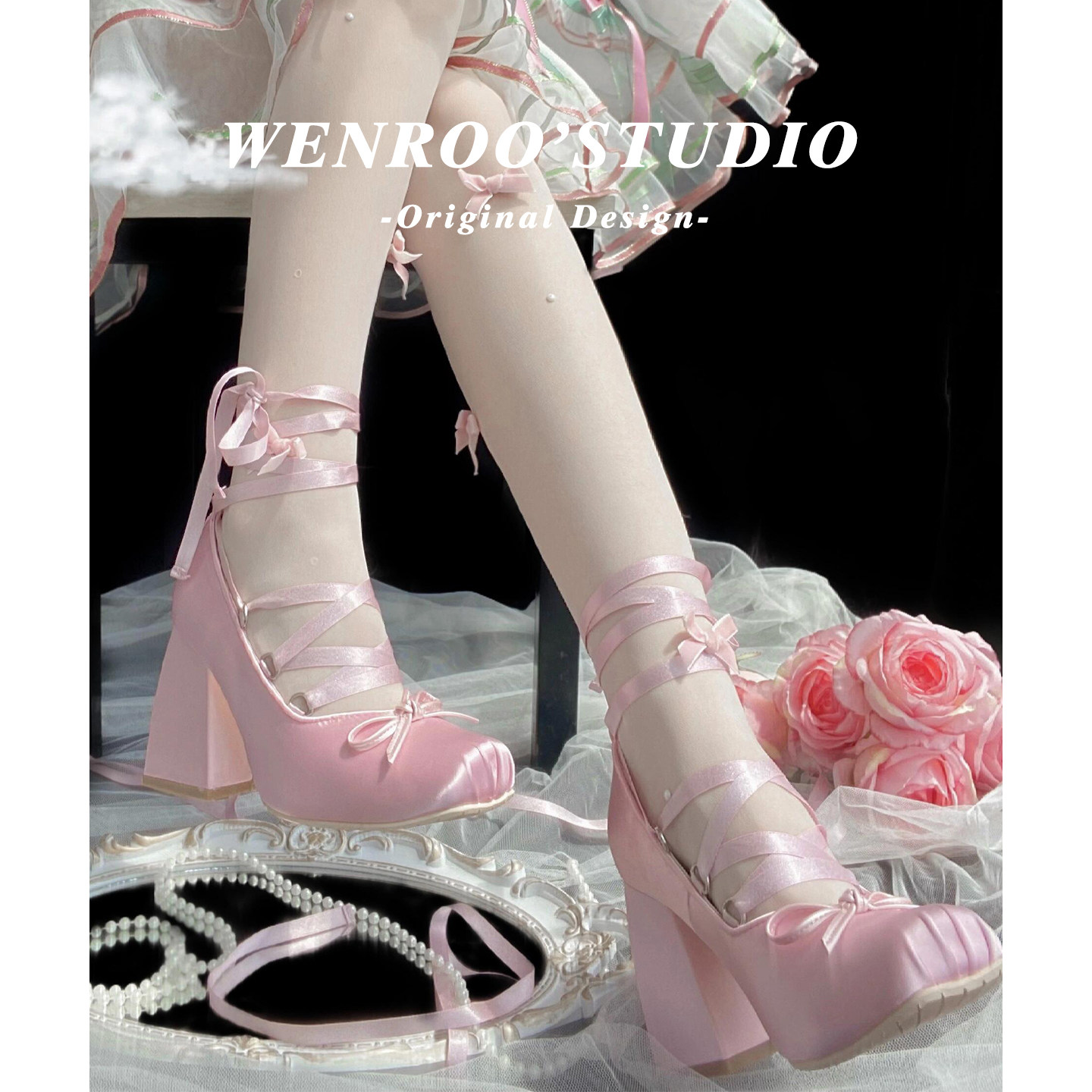 甜美粉色方头绑带玛丽珍高跟鞋女2026春季新款Lolita浅口粗跟单鞋,女鞋,玛丽珍鞋,淘宝优惠券,粉丝福利购,淘宝优惠卷