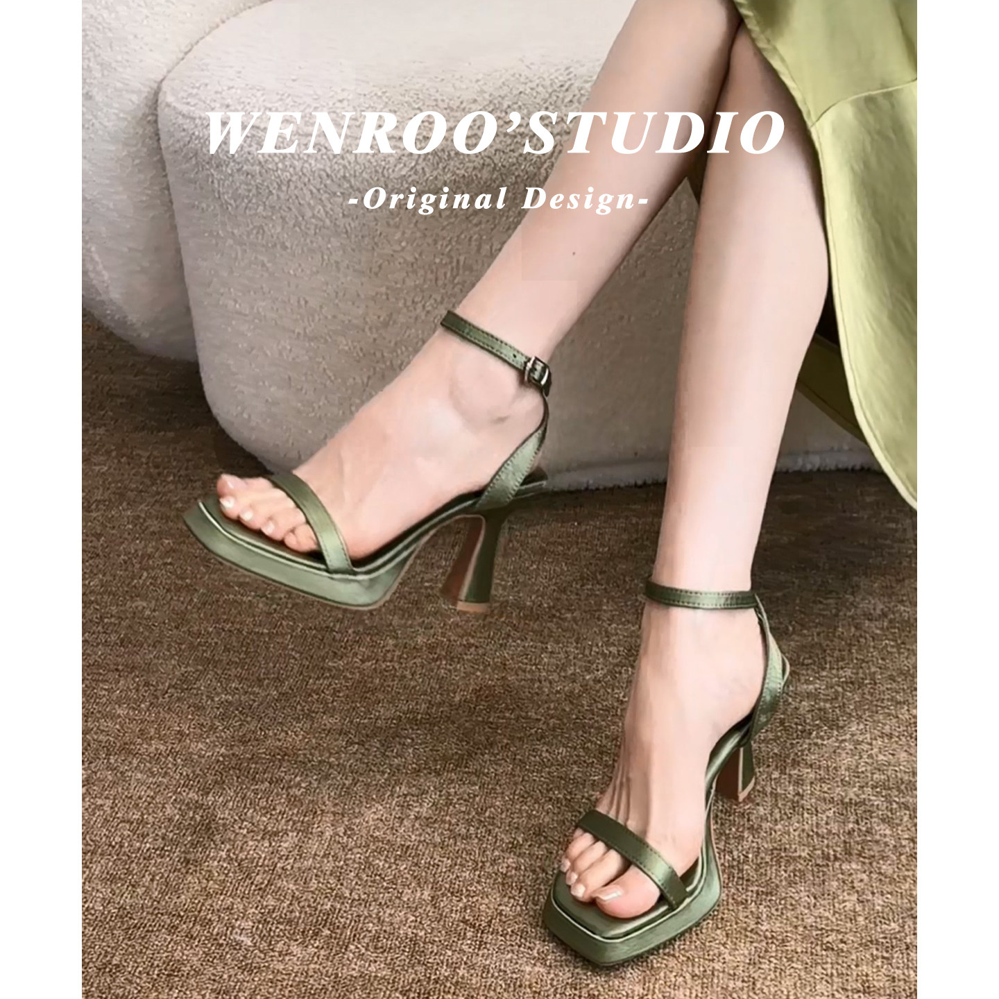 性感气质绿色一字带粗跟凉鞋女2026夏季新款绝美防水台露趾高跟鞋