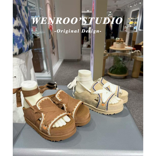 波西米亚风刺绣绑带厚底凉鞋女夏