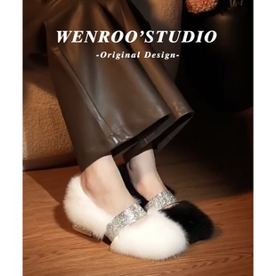 气质水貂毛毛高跟鞋女粗跟2025秋冬新款高级感水钻加绒玛丽珍单鞋