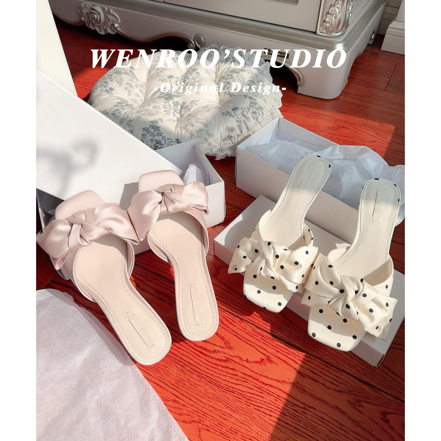温柔仙女风波点蝴蝶结高跟凉鞋外穿2026夏季新款白色细跟法式拖鞋
