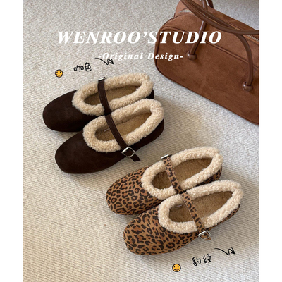 复古豹纹扣带浅口玛丽珍棉鞋秋冬