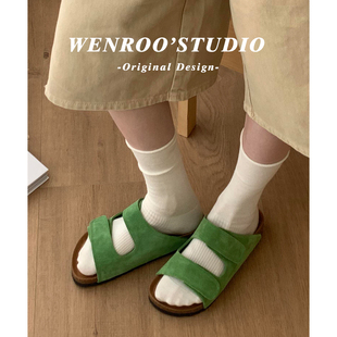 复古绿色魔术贴勃肯拖鞋女外穿2026夏季新款厚底露趾一脚蹬凉拖鞋