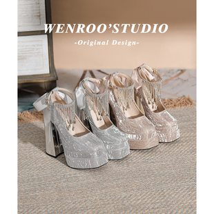 银色水钻吊坠防水台高跟鞋女粗跟法式婚鞋伴娘鞋2025绝美浅口单鞋