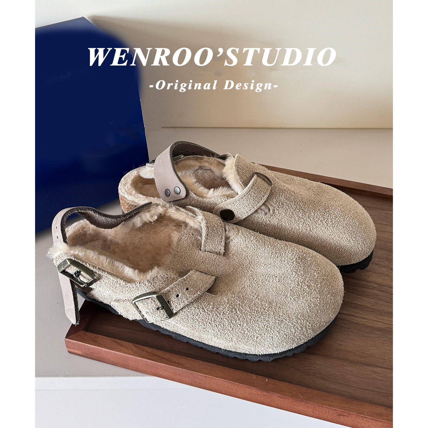 沙色加绒后绊带保暖勃肯鞋女秋冬