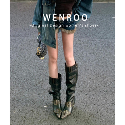 辣妹铆钉显瘦堆堆靴长筒靴女2025秋冬新款复古黑色尖头粗跟骑士靴