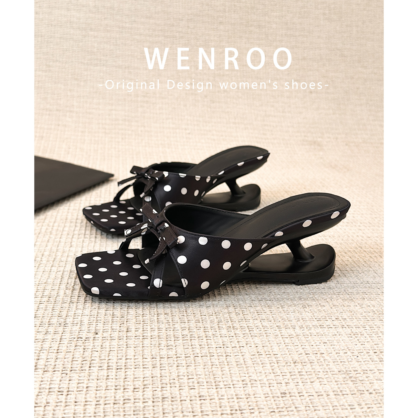 巨好看黑色蝴蝶结波点一字拖鞋女外穿2025夏季新款配裙子高跟凉鞋