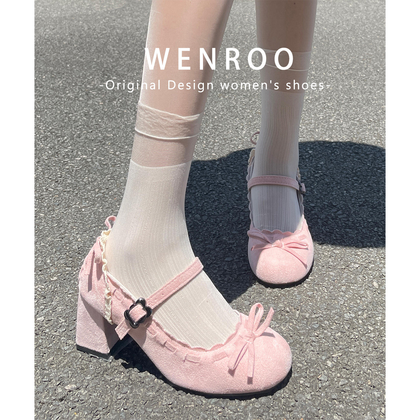 粉色甜美一字带蝴蝶结高跟鞋女粗跟2026新款优雅lolita玛丽珍单鞋