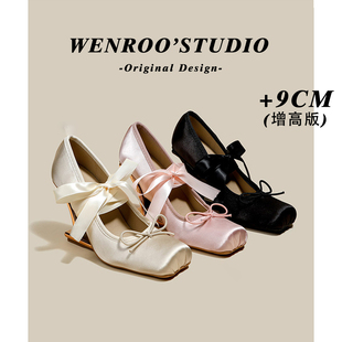 粉色甜美异型跟芭蕾高跟鞋女2026春季新款交叉绑带缎面lolita单鞋