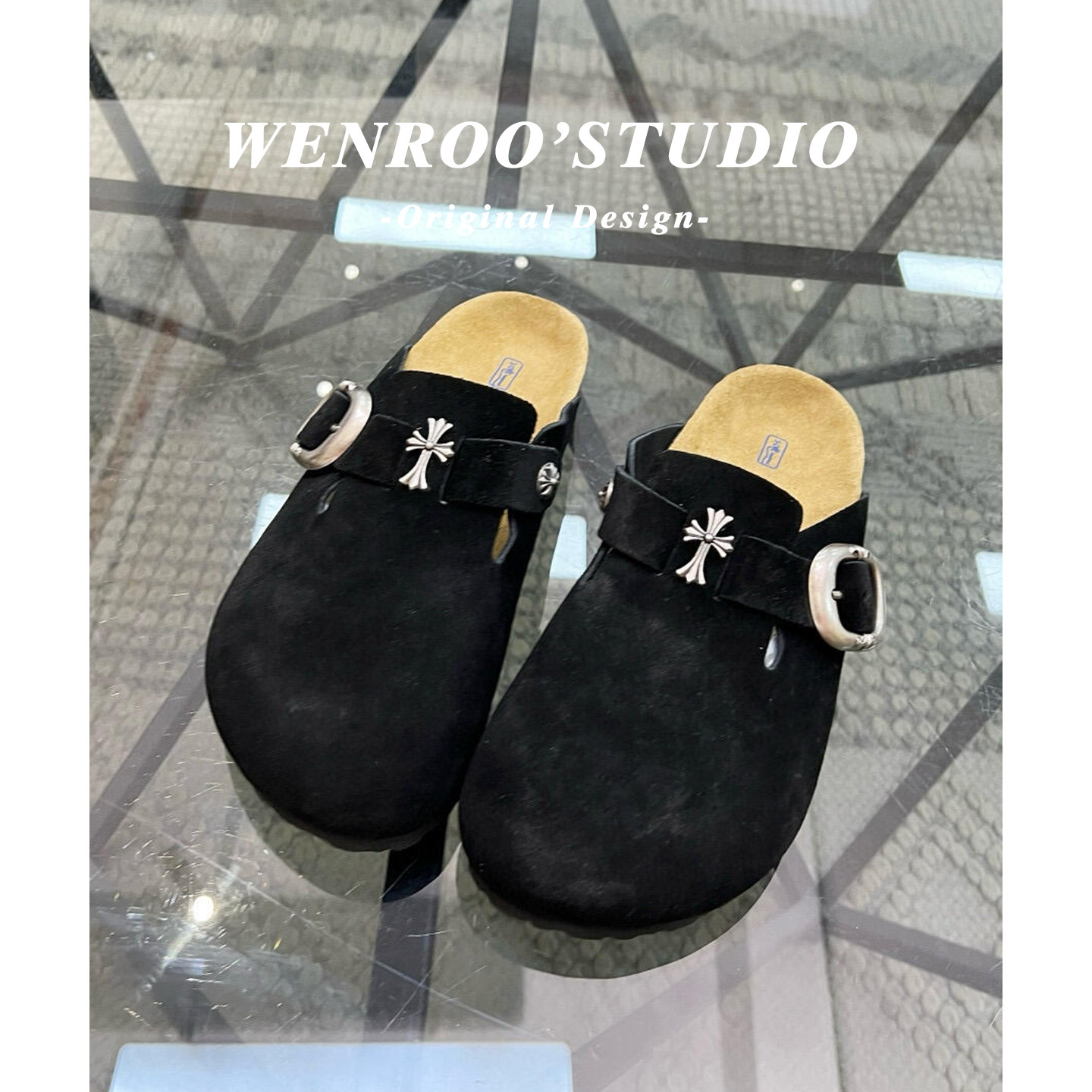 2026春季新款复古十字架厚底黑色勃肯鞋女外穿真皮懒人包头半拖鞋,女鞋,勃肯鞋/软木鞋,淘宝优惠券,粉丝福利购,淘宝优惠卷