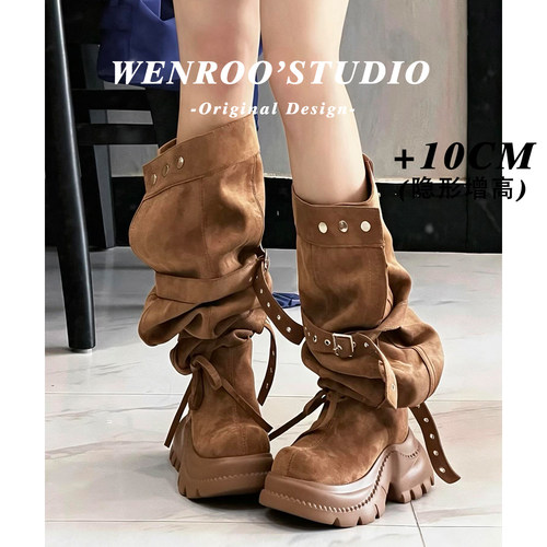 增高10CM~皮带扣厚底堆堆长靴女