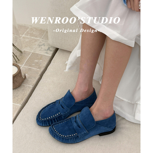 高级感蓝色褶皱粗跟乐福鞋女2026春季新款复古一脚蹬增高勃肯单鞋