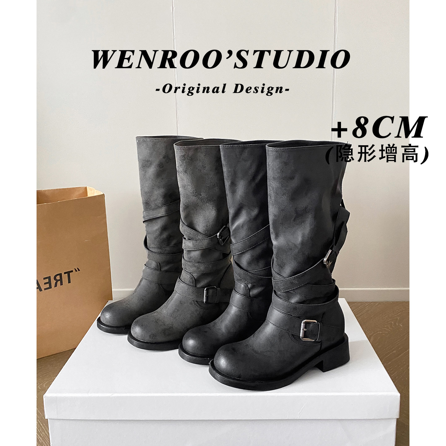 8CM~小众皮带扣粗跟厚底长靴秋冬图片
