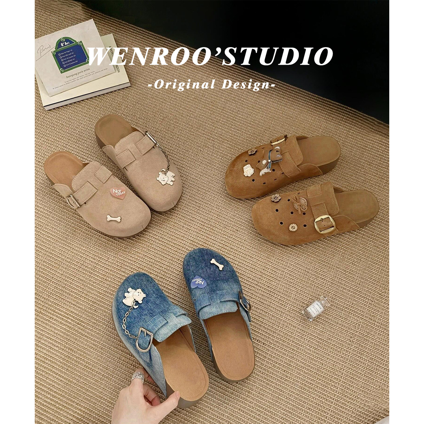 小众蓝色狗子厚底勃肯鞋女外穿2026夏季新款复古增高包头拖一脚蹬