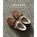 复古保暖乐福单鞋 真皮版 新款 女冬季 棕色英伦风蝴蝶结加绒豆豆鞋