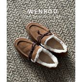 棕色英伦风蝴蝶结加绒豆豆鞋 女冬季 新款 真皮版 复古保暖乐福单鞋