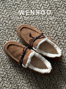 真皮版！棕色英伦风蝴蝶结加绒豆豆鞋女冬季新款复古保暖乐福单鞋