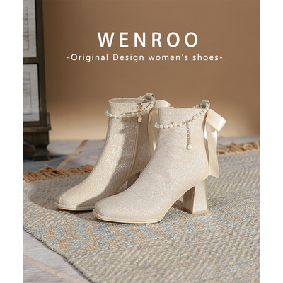 法式气质闪闪加绒高跟靴子女秋冬