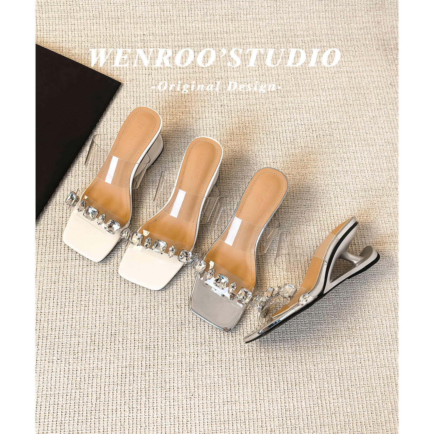 甜美仙女风水钻带露趾高跟一字拖鞋女2026夏季新款白色不累脚凉鞋