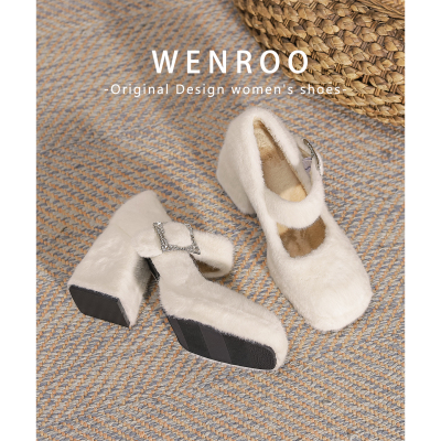 法式水钻扣带粗跟毛毛高跟鞋秋冬