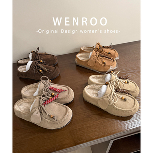 复古毛毛包头拖鞋 牛皮版 外穿2025新款 女冬季 加绒厚底袋鼠勃肯鞋