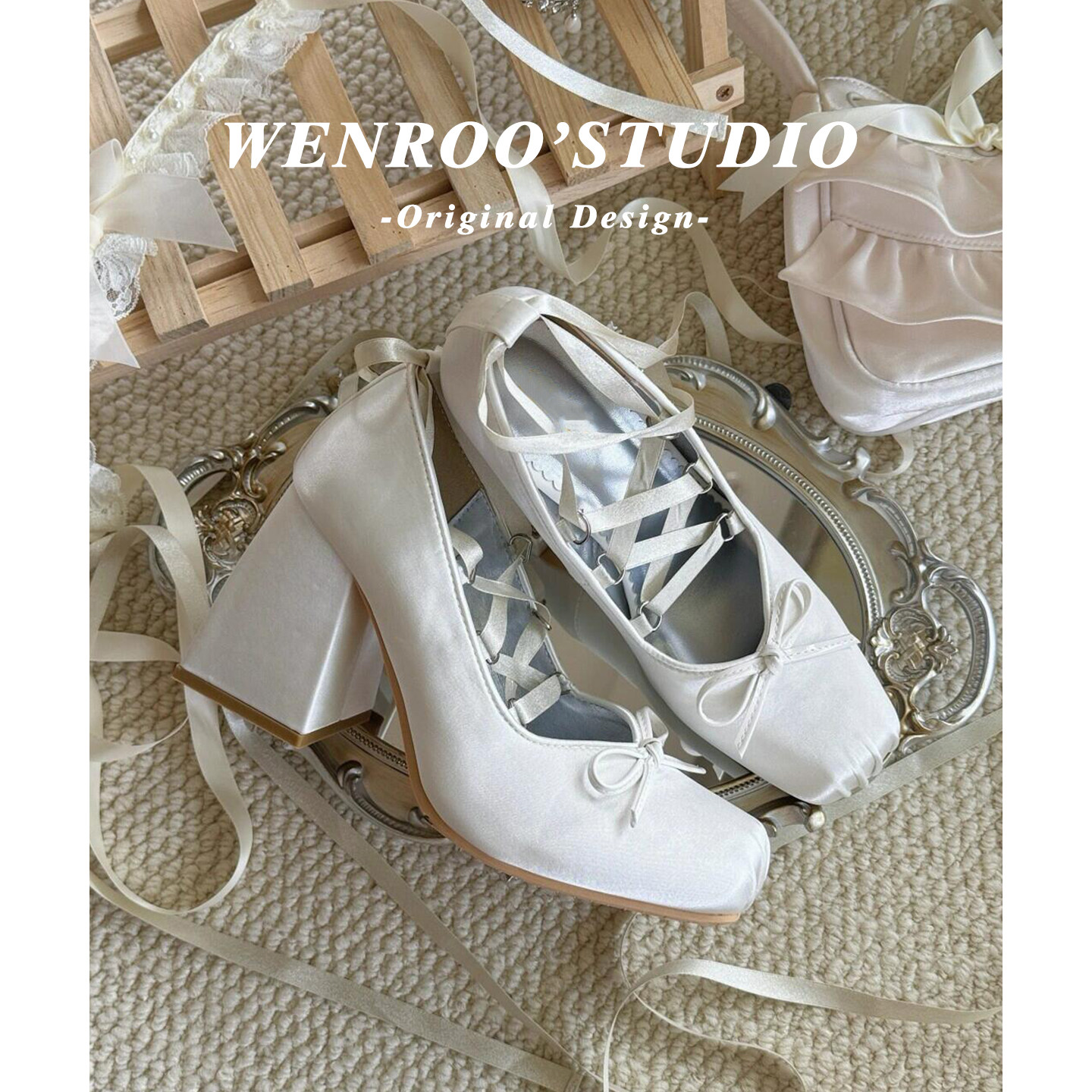 甜美方头缎面Lolita高跟玛丽珍鞋女2026新款白色气质浅口粗跟单鞋