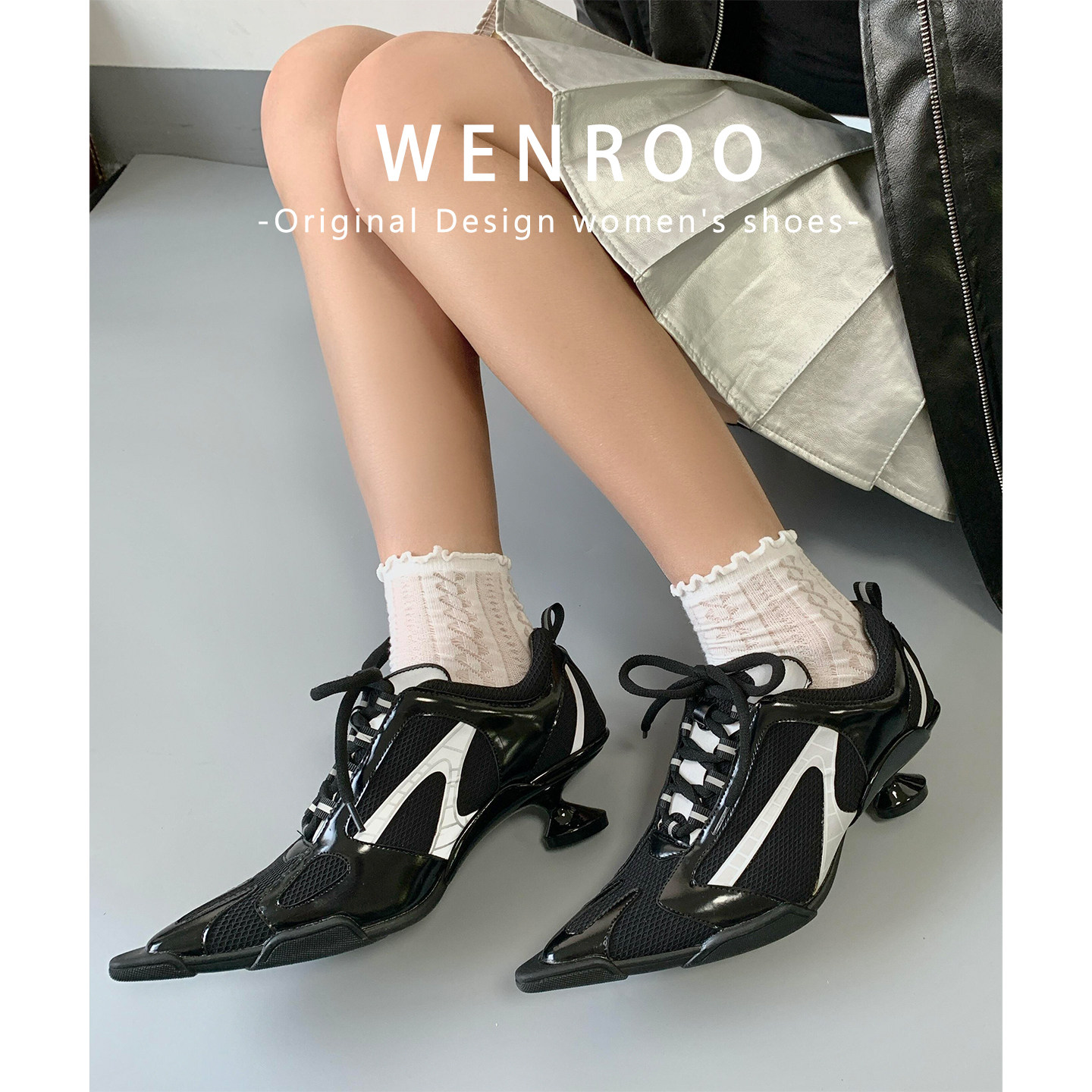 黑色运动风系带尖头拳击高跟鞋女2025秋季新款复古深口小猫跟单鞋,女鞋,深口单鞋,淘宝优惠券,粉丝福利购,淘宝优惠卷