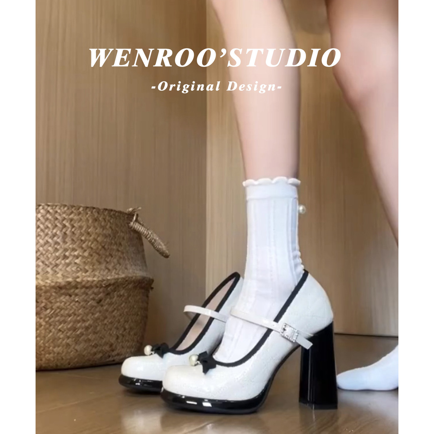 法式小香风蝴蝶结白色高跟玛丽珍鞋女2026春新款浅口圆头粗跟单鞋