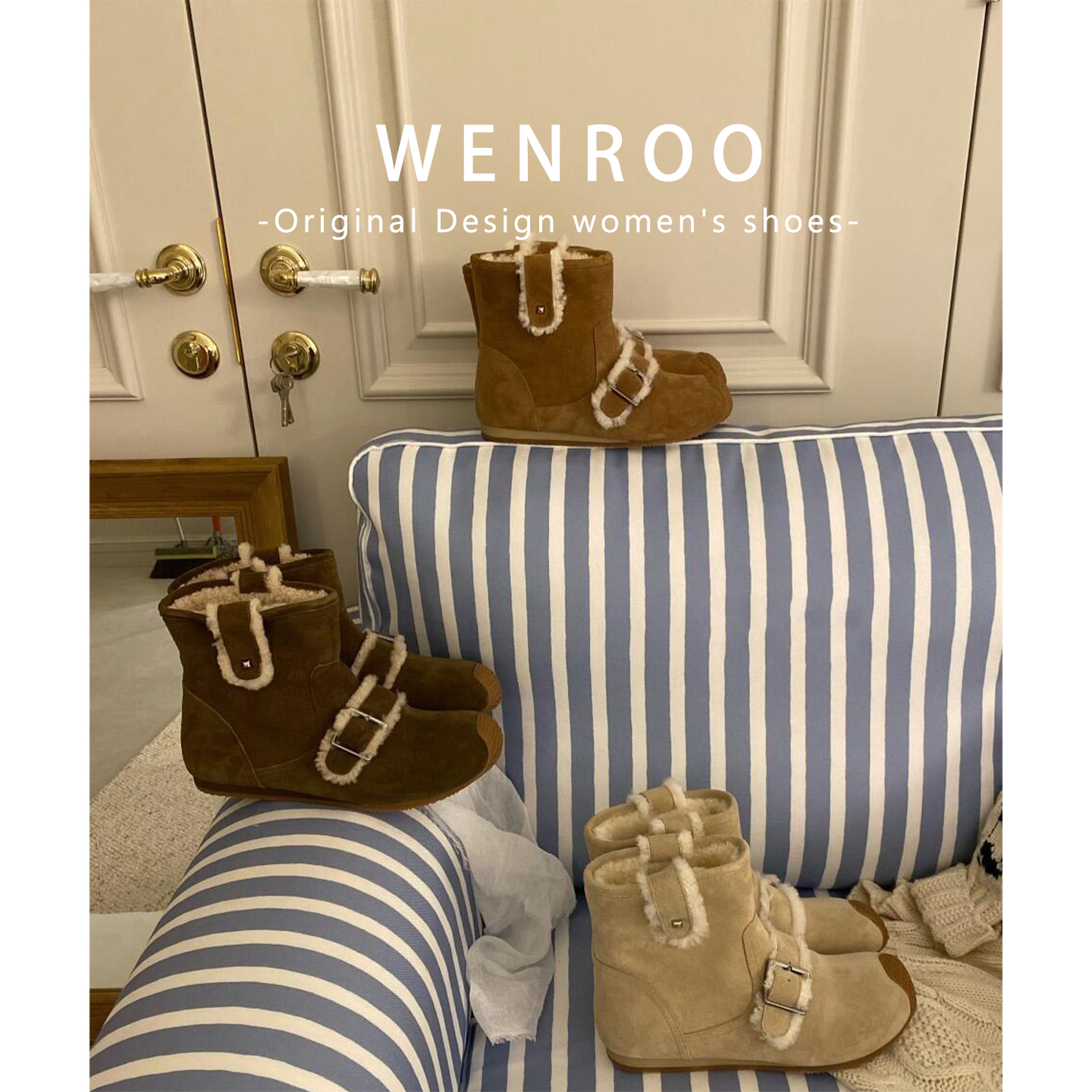 牛皮！丑萌皮带扣加绒内增高短靴