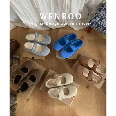 法式加绒魔术贴厚底玛丽珍毛毛鞋