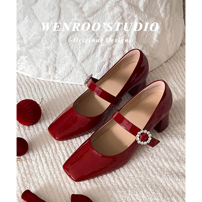 法式水钻一字带玛丽珍高跟鞋粗跟